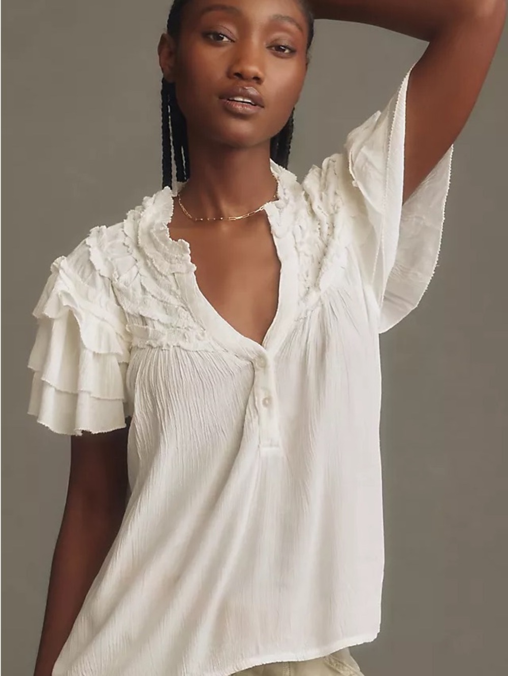 Maeve Anthropologie White Ruffle Flutter short Sleeve Blouse